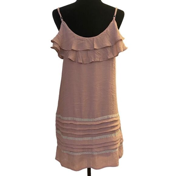 Entro Dark Lilac Soft Beige Sleeveless Ruffle Lace Sheath Dress Sz M - Picture 4 of 12